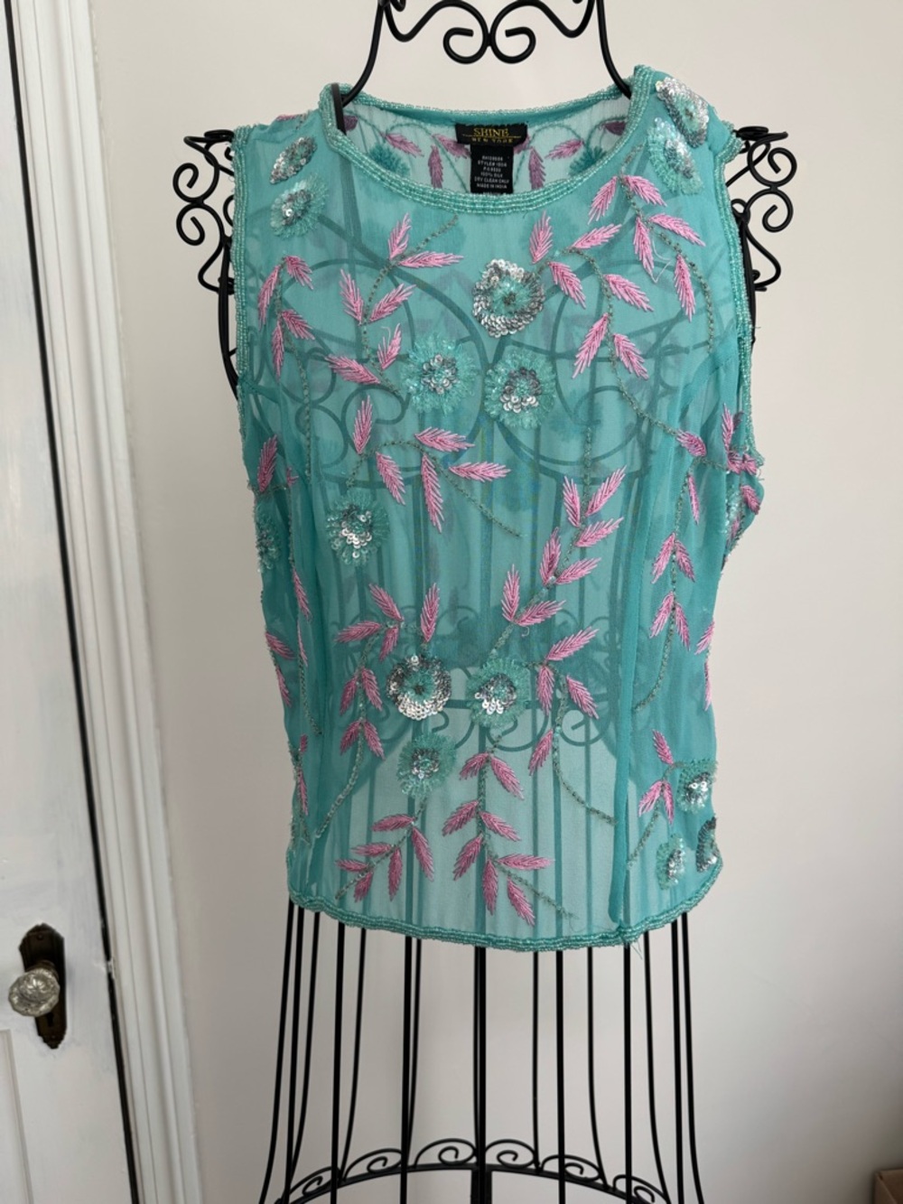 Vintage Silk Embroidered Sequin Beaded Turquoise Sleeveless Top